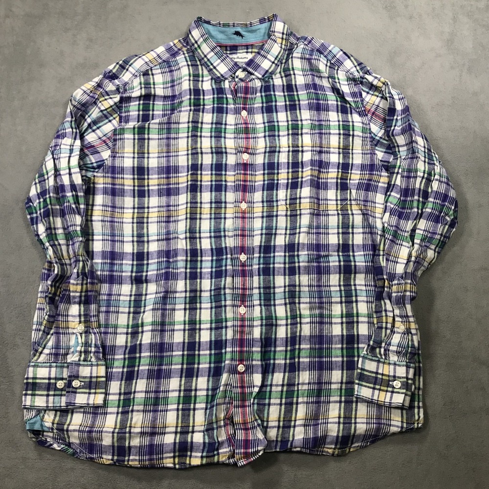 Tommy Bahama Shirt Men's Extra Large 100% Linen Long Sleeve Blue Plaid Button Up